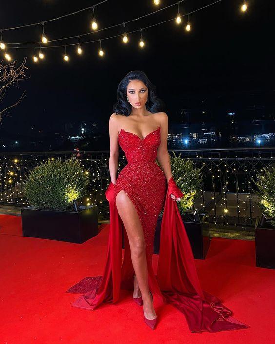 Vestido de Noite de Sereia com Lantejoulas Vermelhas e Fenda, Vestido de Baile Sexy Y1640
