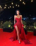 Vestido de Noite de Sereia com Lantejoulas Vermelhas e Fenda, Vestido de Baile Sexy Y1640