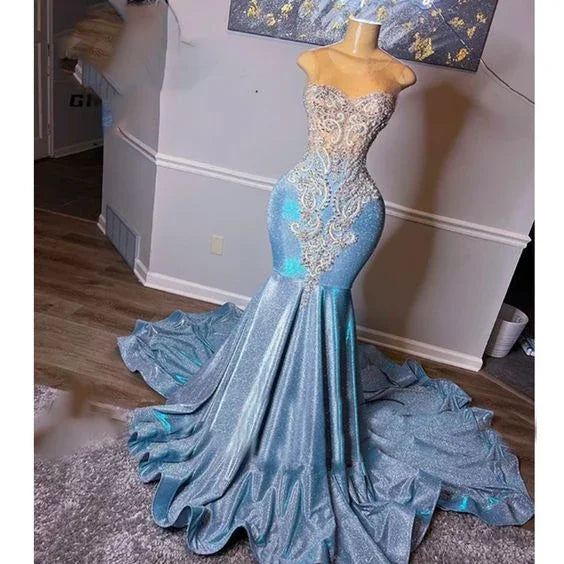 Abiti da sera azzurri chiaro, abiti da sera con cristalli, abiti da sera con paillettes, abiti da ballo a sirena, abiti da sera con strascico corto Y1593
