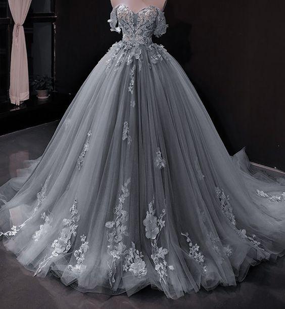 Blaue Spitzenapplikation elegante schulterfreie Ballkleid Y1578