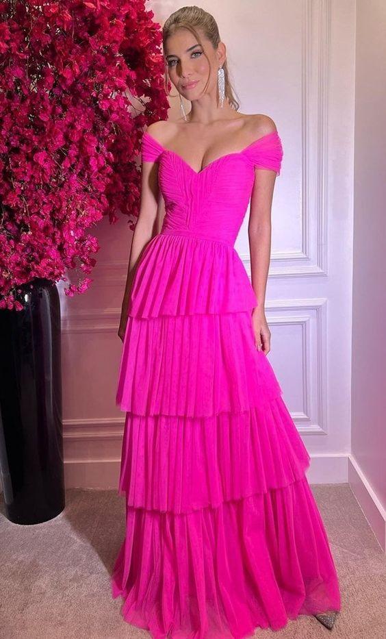 Vestidos de Baile Longos de Ombros Descobertos em Rosa Forte Vestidos de Noite Y1617