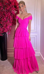 Vestidos de Baile Longos de Ombros Descobertos em Rosa Forte Vestidos de Noite Y1617