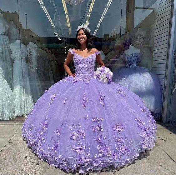 Robe de bal princesse à volants en forme de cœur avec fleurs violettes pour Quinceañera Y1610