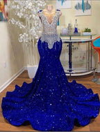 Abiti da sera blu reale, abiti da sera con cristalli, abiti da sera con perline, abiti da sera a sirena, abiti da festa con paillettes, abiti da sera a sirena Y1595
