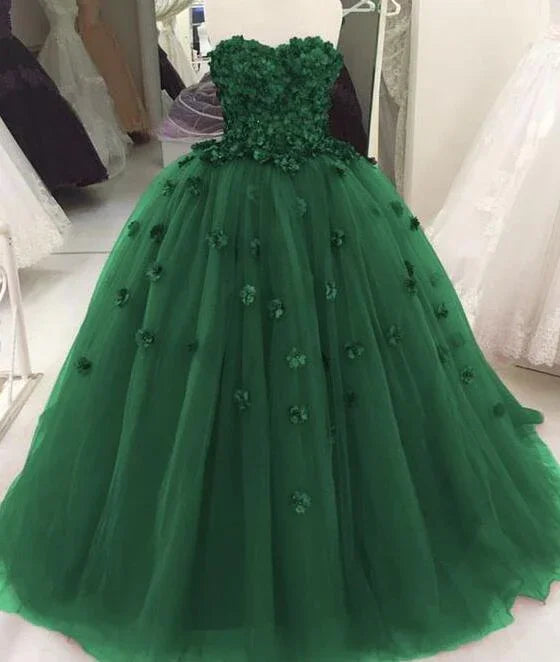 Herzförmiges grünes Ballkleid für die Quinceañera mit Blumen Y1622