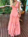 Abito da sera rosa con scollo a V sexy, volant, in chiffon plissettato, abito da ballo Y1347