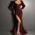 Abiti da sera color bordeaux con paillettes, maniche lunghe, modello sirena con spacco alto, abito da festa sirena Y1682
