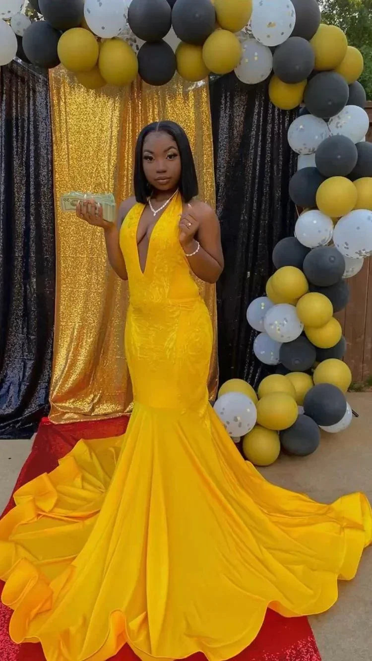 Vestido de Baile Amarelo Deslumbrante de Sereia, Vestido de Noite Sedutor com Cauda Y1709