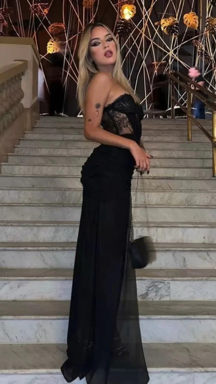 Sexy abito lungo nero da sera con corpetto in pizzo nero effetto vedo-non vedo, abito da sera Y1047
