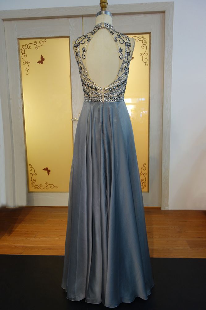 Vestidos de fiesta de gasa con cuentas de cristal, corte A y cuello halter, hasta el suelo