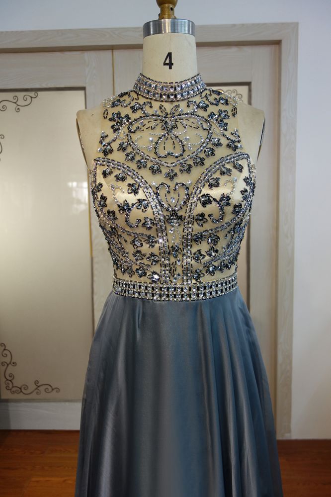 Vestidos de fiesta de gasa con cuentas de cristal, corte A y cuello halter, hasta el suelo