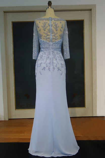 Vestidos de fiesta de gasa con lentejuelas, mangas largas, corte A y escote redondo