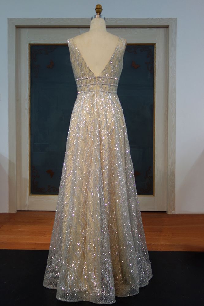 Vestidos de fiesta con estampados plateados, sin mangas, con lentejuelas y corte A hasta el suelo