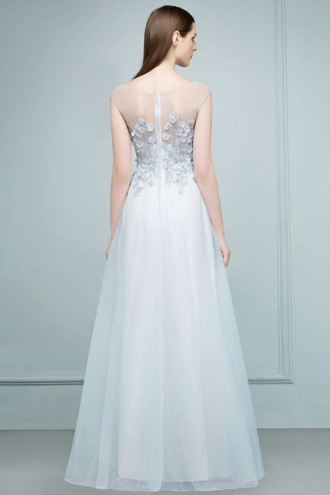 Vestidos de fiesta de tul con apliques florales, sin mangas, corte A y largo hasta el suelo