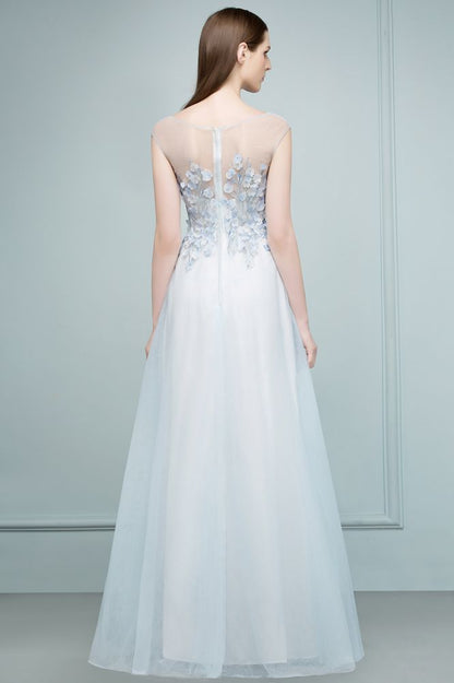 Vestidos de fiesta de tul con apliques florales, sin mangas, corte A y largo hasta el suelo