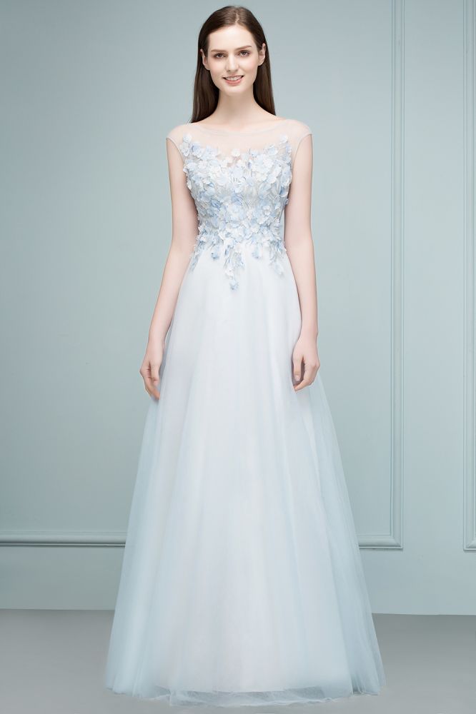 Vestidos de fiesta de tul con apliques florales, sin mangas, corte A y largo hasta el suelo