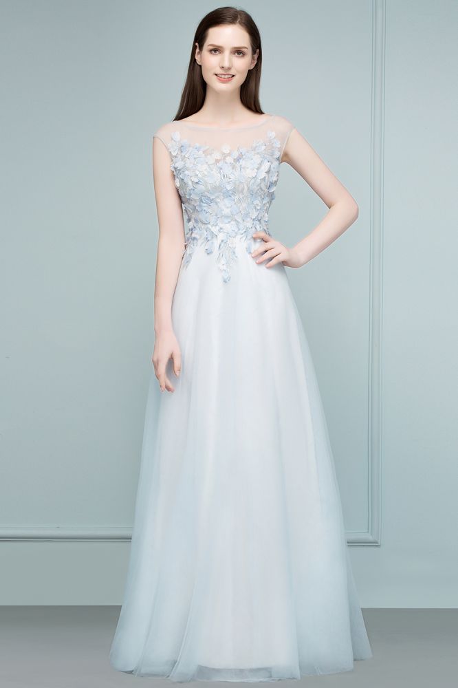 Vestidos de fiesta de tul con apliques florales, sin mangas, corte A y largo hasta el suelo