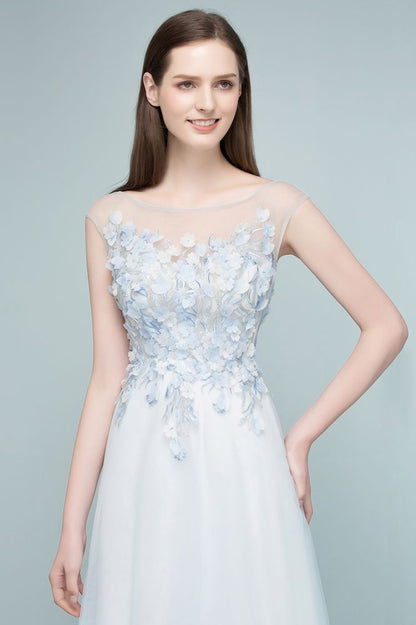 Vestidos de fiesta de tul con apliques florales, sin mangas, corte A y largo hasta el suelo