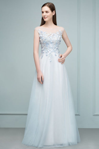 Vestidos de fiesta de tul con apliques florales, sin mangas, corte A y largo hasta el suelo