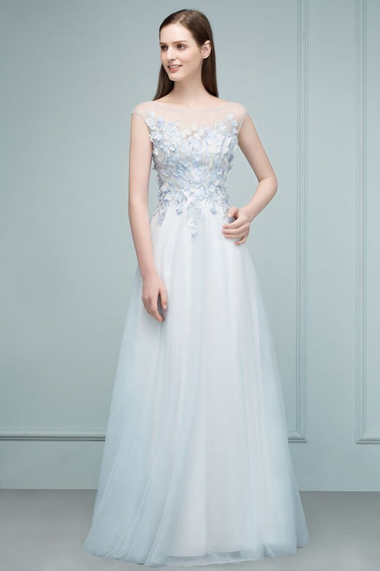 Vestidos de fiesta de tul con apliques florales, sin mangas, corte A y largo hasta el suelo