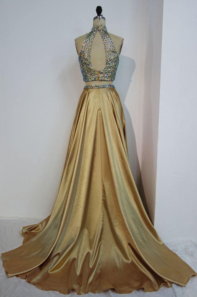 Vestidos de fiesta de dos piezas con cuello halter, corte A y cristales, hasta el suelo