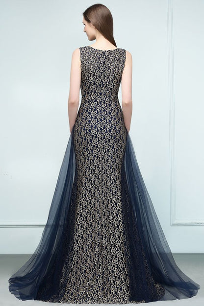 Vestidos de fiesta de encaje con corte sirena dorado, sin mangas y hasta el suelo