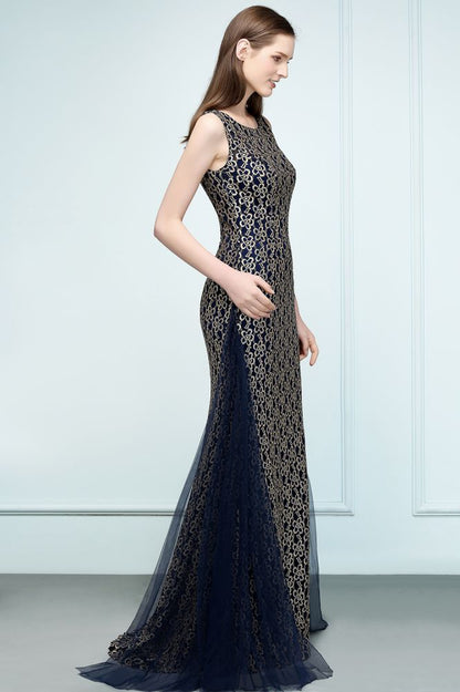 Vestidos de fiesta de encaje con corte sirena dorado, sin mangas y hasta el suelo