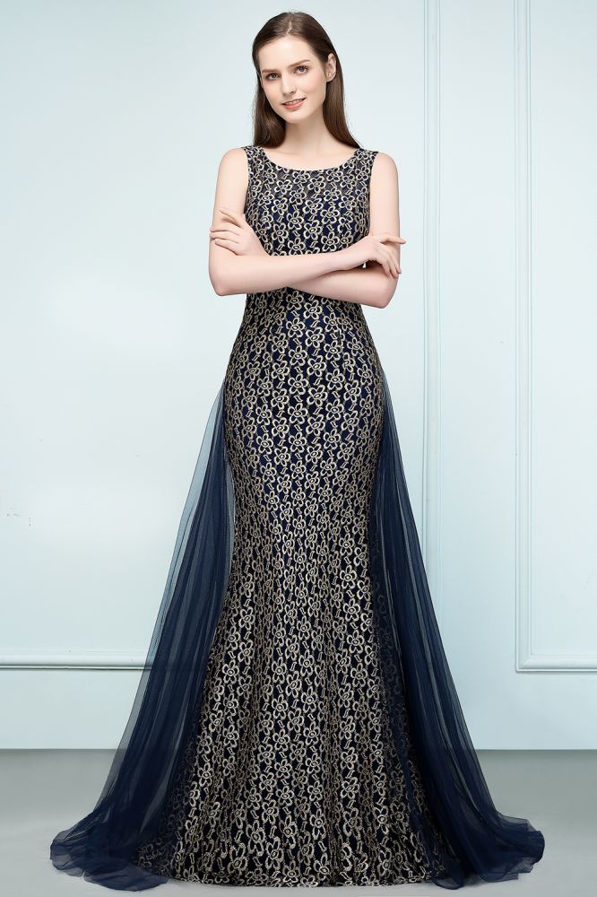 Vestidos de fiesta de encaje con corte sirena dorado, sin mangas y hasta el suelo