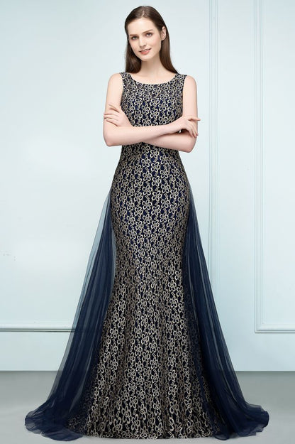 Vestidos de fiesta de encaje con corte sirena dorado, sin mangas y hasta el suelo