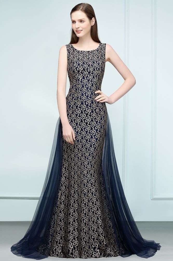 Vestidos de fiesta de encaje con corte sirena dorado, sin mangas y hasta el suelo