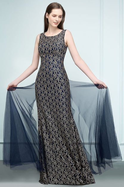 Vestidos de fiesta de encaje con corte sirena dorado, sin mangas y hasta el suelo