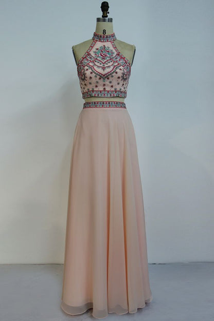 Vestidos de fiesta de dos piezas de gasa con apliques y corte A, hasta el suelo