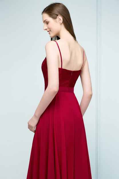 Vestidos de fiesta de corte A con apliques de encaje y espagueti hasta el suelo