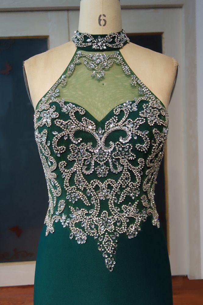 Vestidos de fiesta de sirena con cuello halter, largo hasta el suelo y cuentas de cristal