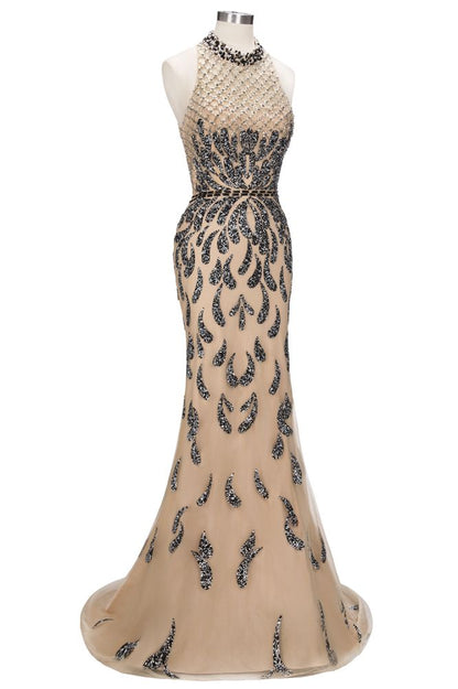 Vestidos de fiesta con lentejuelas, corte sirena, halter y largo hasta el suelo