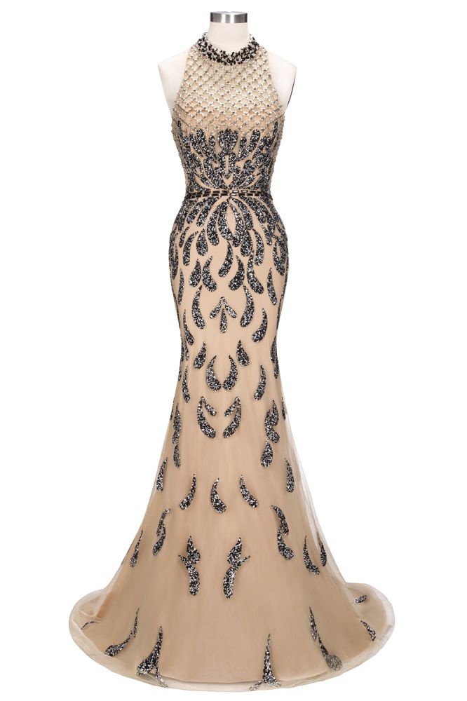 Vestidos de fiesta con lentejuelas, corte sirena, halter y largo hasta el suelo