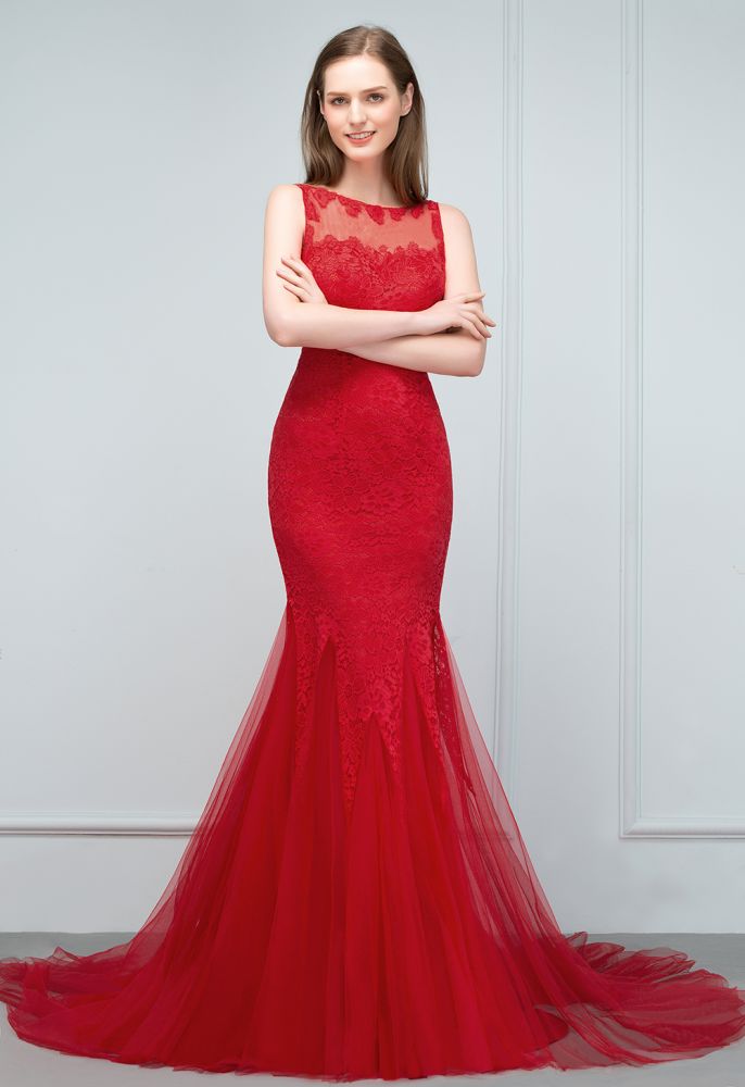 Vestidos de fiesta de tul con encaje y escote ilusión de sirena hasta el suelo, sin mangas