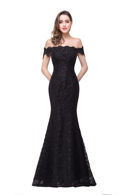 Vestidos de dama de honor con hombros descubiertos, encaje y corte sirena hasta el suelo