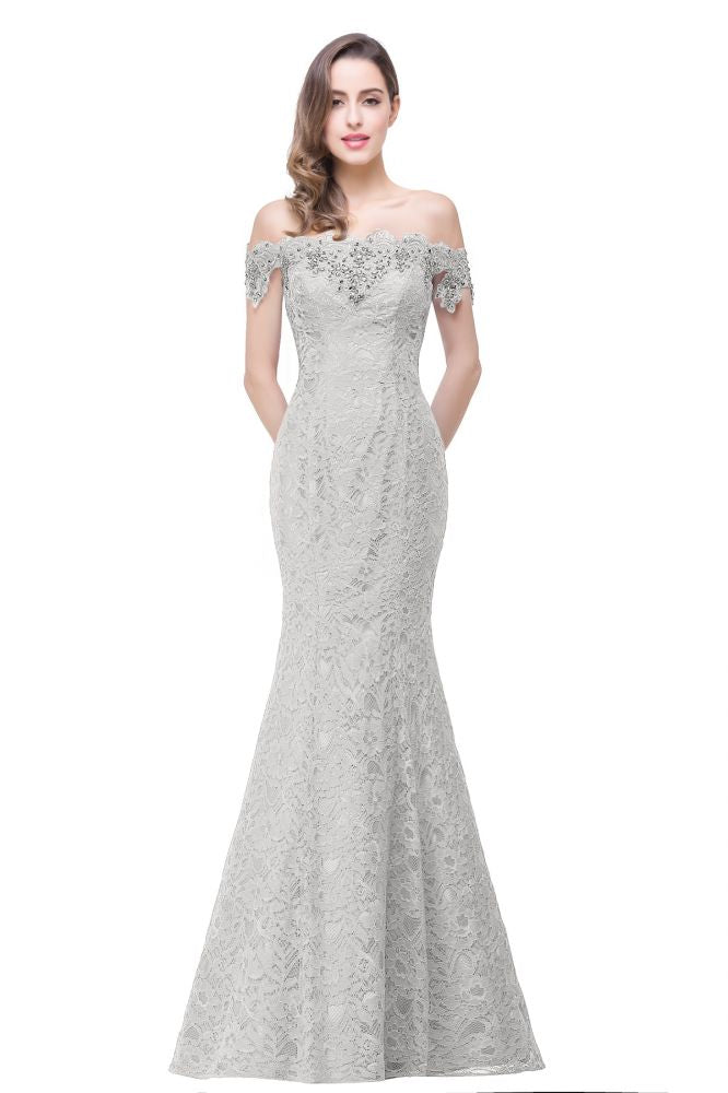 Vestidos de dama de honor con hombros descubiertos, encaje y corte sirena hasta el suelo