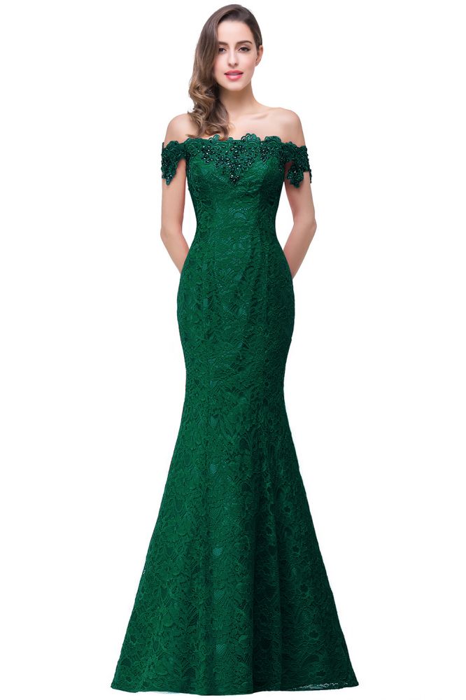 Vestidos de dama de honor con hombros descubiertos, encaje y corte sirena hasta el suelo
