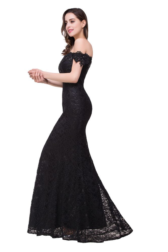 Vestidos de dama de honor con hombros descubiertos, encaje y corte sirena hasta el suelo