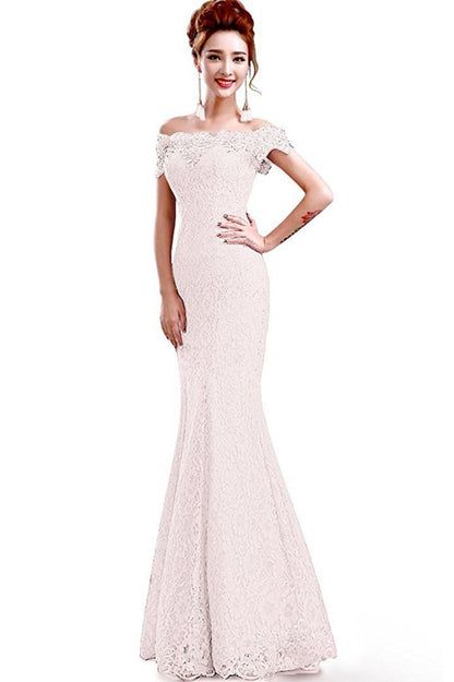 Vestidos de dama de honor con hombros descubiertos, encaje y corte sirena hasta el suelo