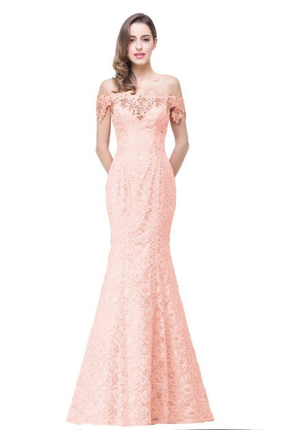 Vestidos de dama de honor con hombros descubiertos, encaje y corte sirena hasta el suelo