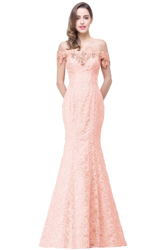 Vestidos de dama de honor con hombros descubiertos, encaje y corte sirena hasta el suelo