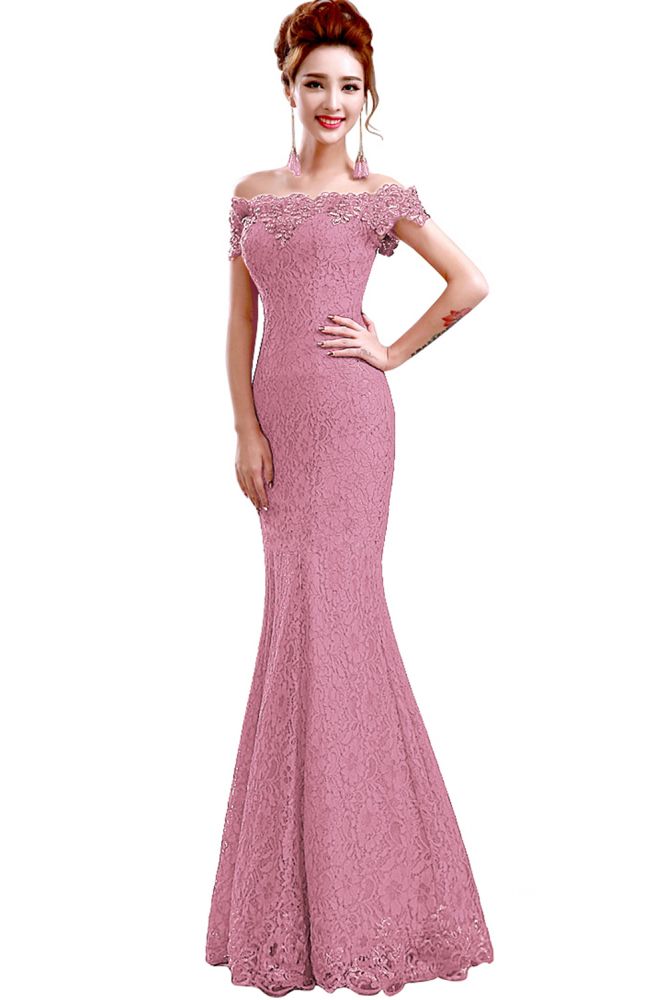 Vestidos de dama de honor con hombros descubiertos, encaje y corte sirena hasta el suelo