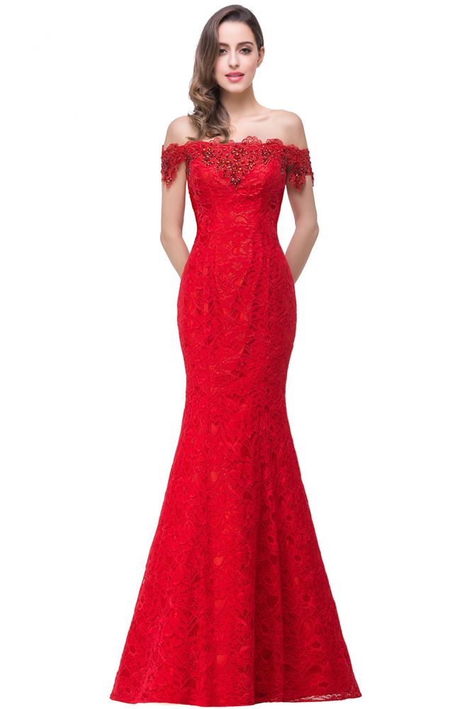 Vestidos de dama de honor con hombros descubiertos, encaje y corte sirena hasta el suelo