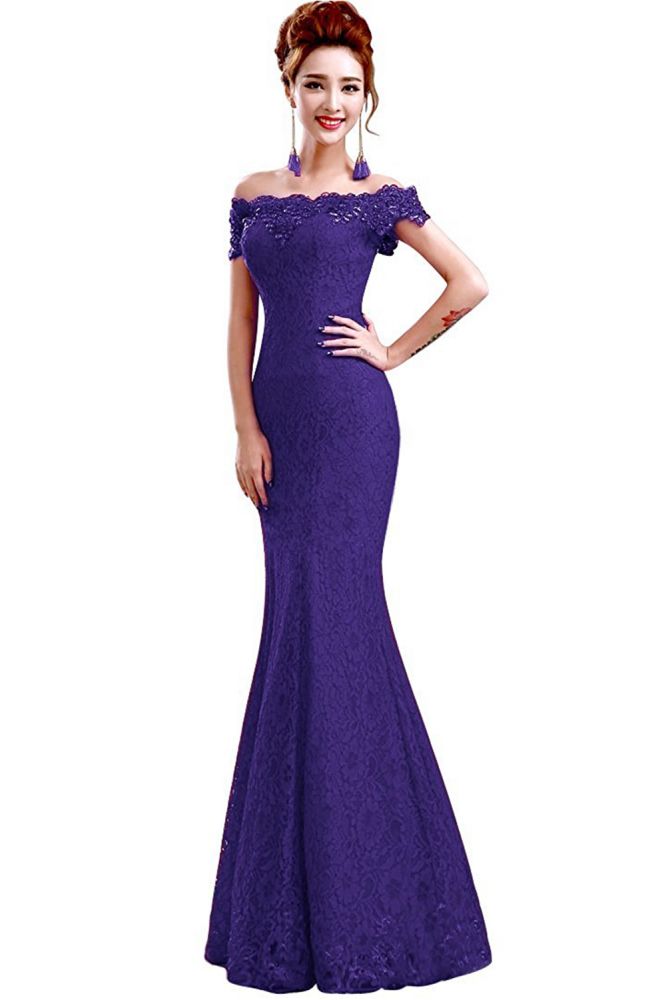 Vestidos de dama de honor con hombros descubiertos, encaje y corte sirena hasta el suelo