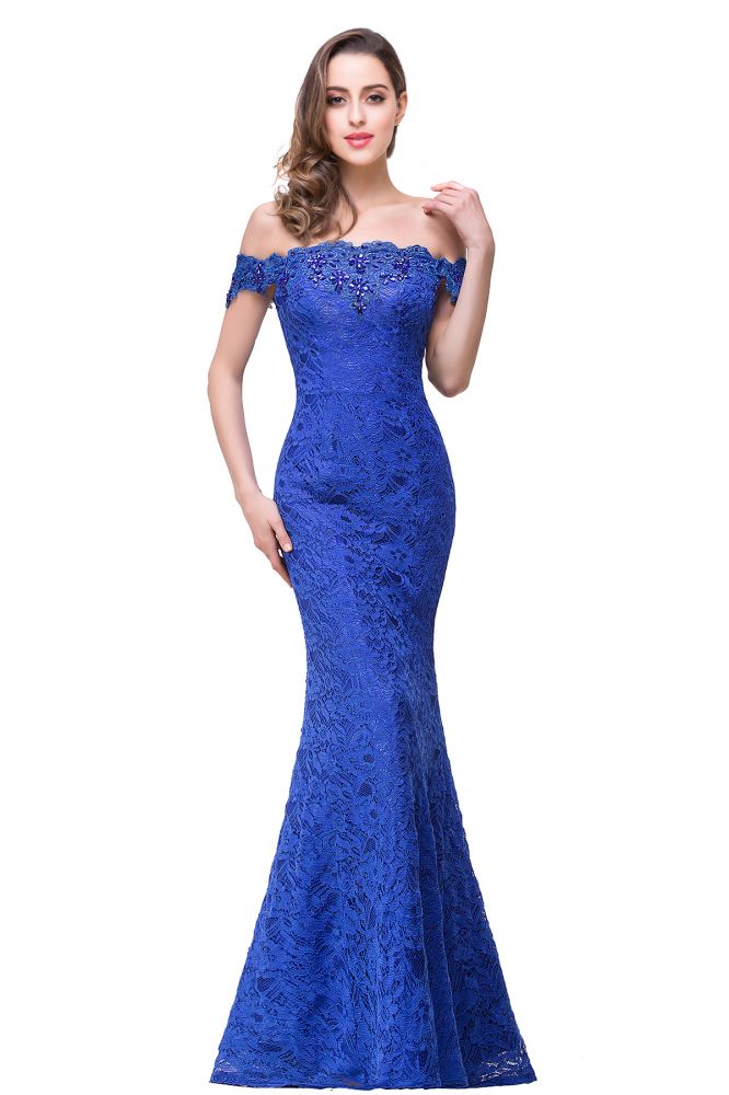 Vestidos de dama de honor con hombros descubiertos, encaje y corte sirena hasta el suelo
