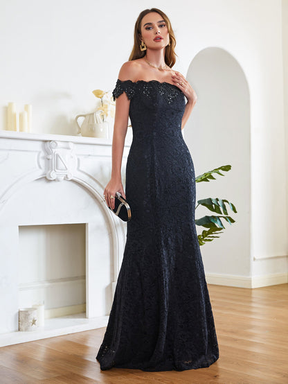 Vestidos de dama de honor con hombros descubiertos, encaje y corte sirena hasta el suelo
