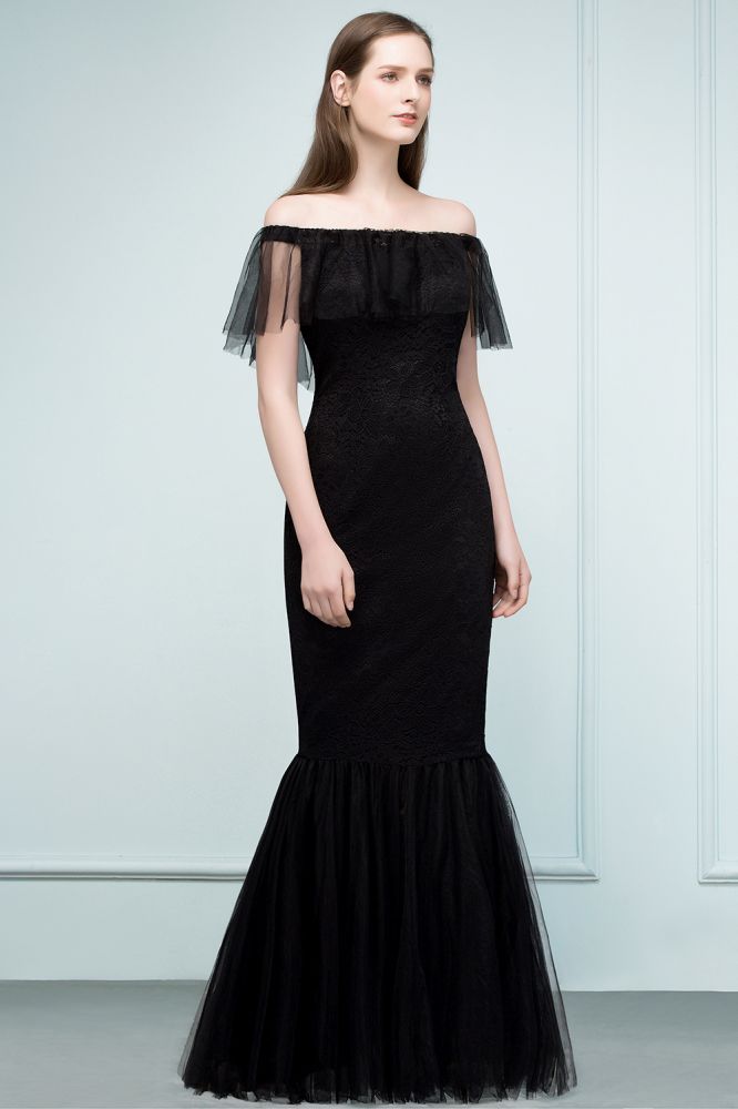 Vestidos de fiesta de tul con encaje de sirena y hombros descubiertos hasta el suelo